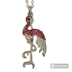 Pink Flamingo Necklace 16-18" Silver Tone Crystal Pendant Tropical Island Beach